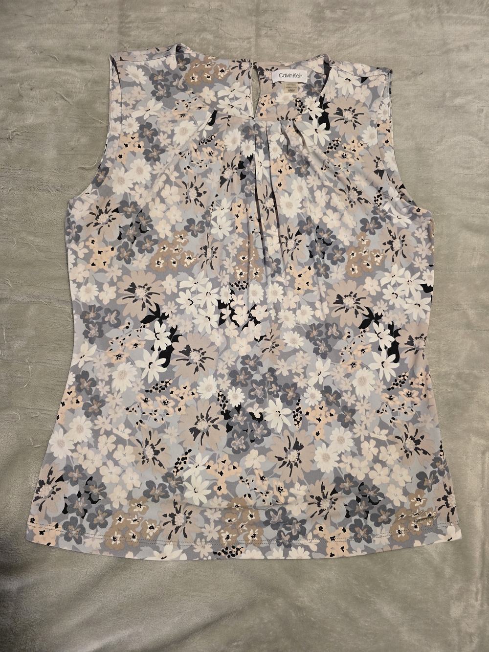 Calvin Klein Ditsy Floral Pleated Neck Sleeveless Blouse - Grey/Tan/White - M